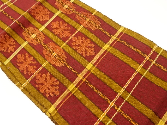 手織り紬格子に抽象華紋模様織出し名古屋帯